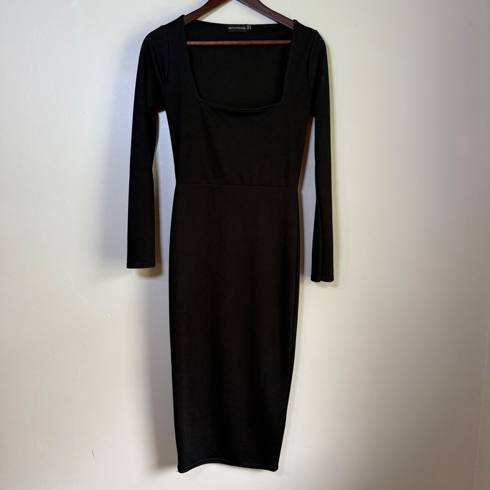PrettyLittleThing Square Neck Long Sleeve Bodycon Midi Dress Size 6 Black